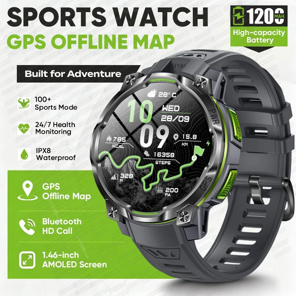 1200mAh Massive Power Outdoor GPS Smart Watch Offline Map 1.43“ HD Screen IPX8 Waterproof Compass Military 107+Sports Watch Men