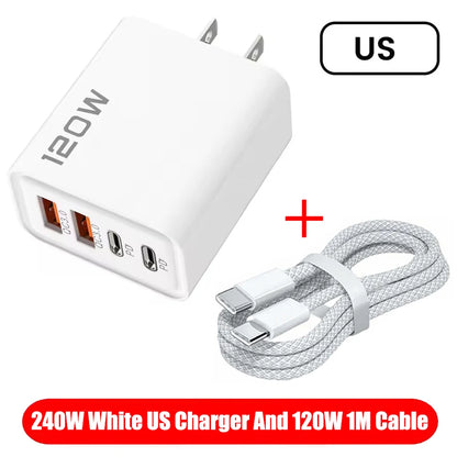 120W 4 Ports USB Charger Fast Charge Phone Charger Adapter Type C Cable For iPhone Samsung Xiaomi EU/US/UK Plug Wall Charger