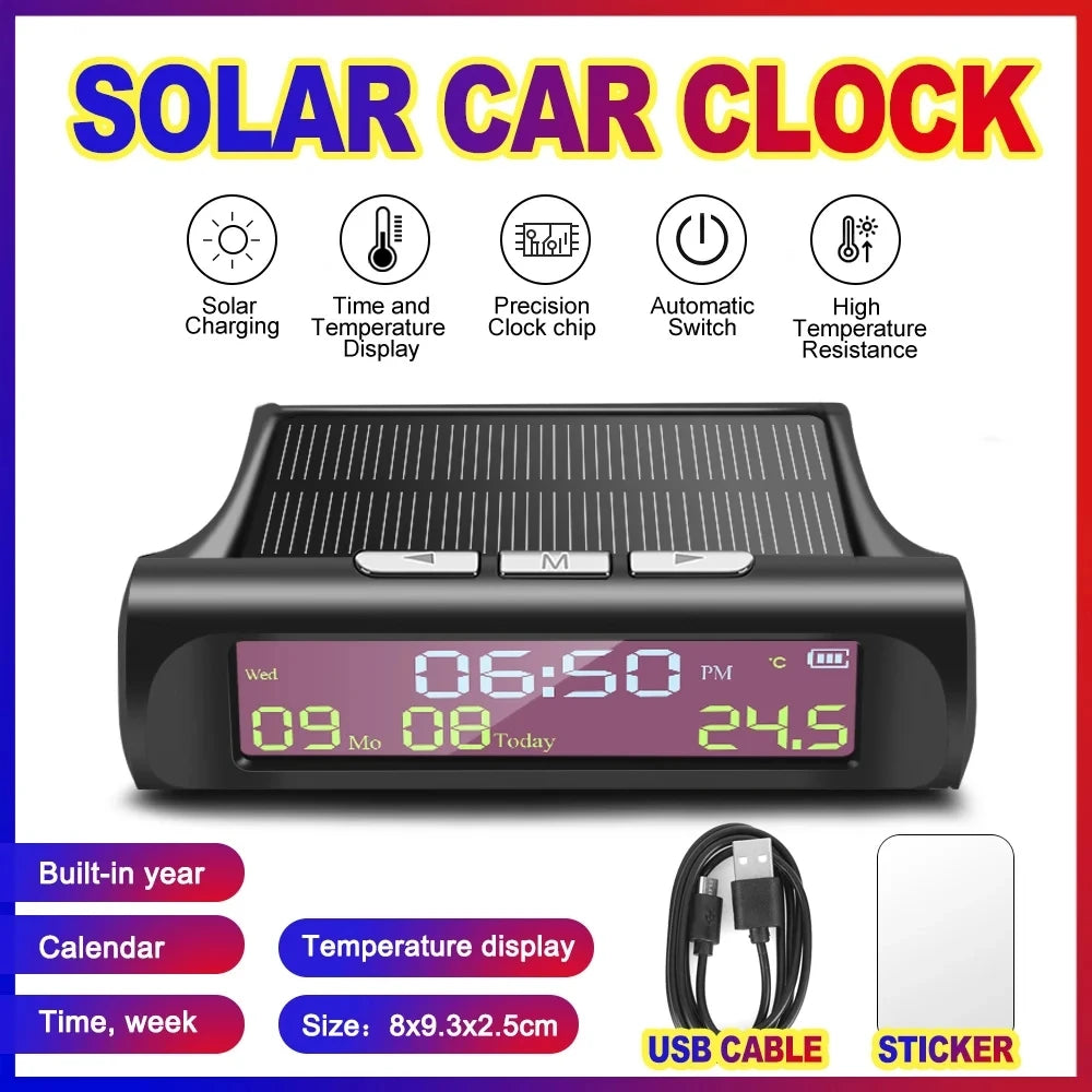 Car USB Solar Charge Smart Digital Clock Calendar Time Temperature LED Display Automobile Interior Accessories Auto Start