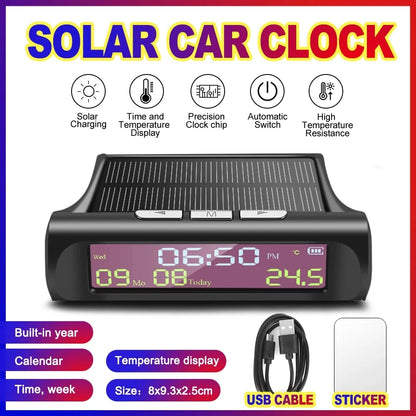 Car USB Solar Charge Smart Digital Clock Calendar Time Temperature LED Display Automobile Interior Accessories Auto Start