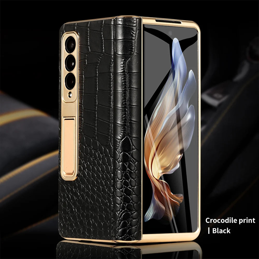 Leather Flip Case for Samsung Galaxy Z Fold 7 6 5 4 3 8 Fold8 ULtra Fold7 Plating Magnetic Hinge Stand Cover with Mirror Film