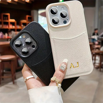 Personalized Customized Name Initial Case For iPhone 12 13 14 15 16 17 18 Pro Max Leather Card Slot Bag Lichee Pattern Cover