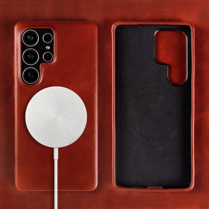 Full Wrapped Magnetic Genuine Leather Phone Case for Samsung Galaxy S25 Edge Cases S24 S23 S22 S21 S26 Wireless Charging Cover