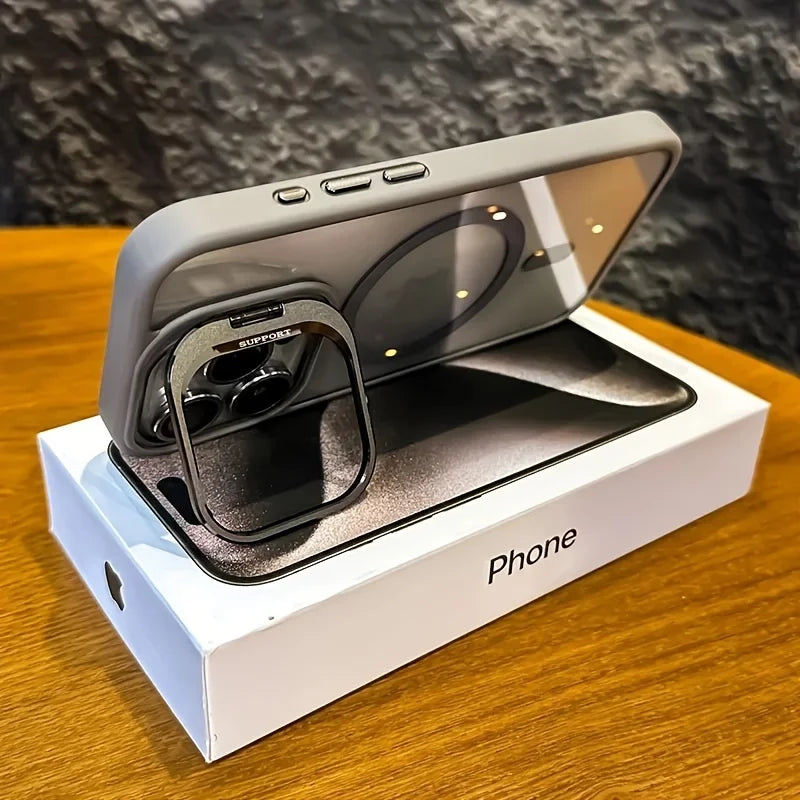 3 Pieces Set: 1 Magnetic Wireless Charging Compatible Case with Foldable Camera Bracket, Shockproof + 2 HD Anti-fingerprint Anti-scratch Tempered Glass Screen Protectors for iPhone 17 16 15 14 13 12 11 Pro Max, Ideal Mobile P
