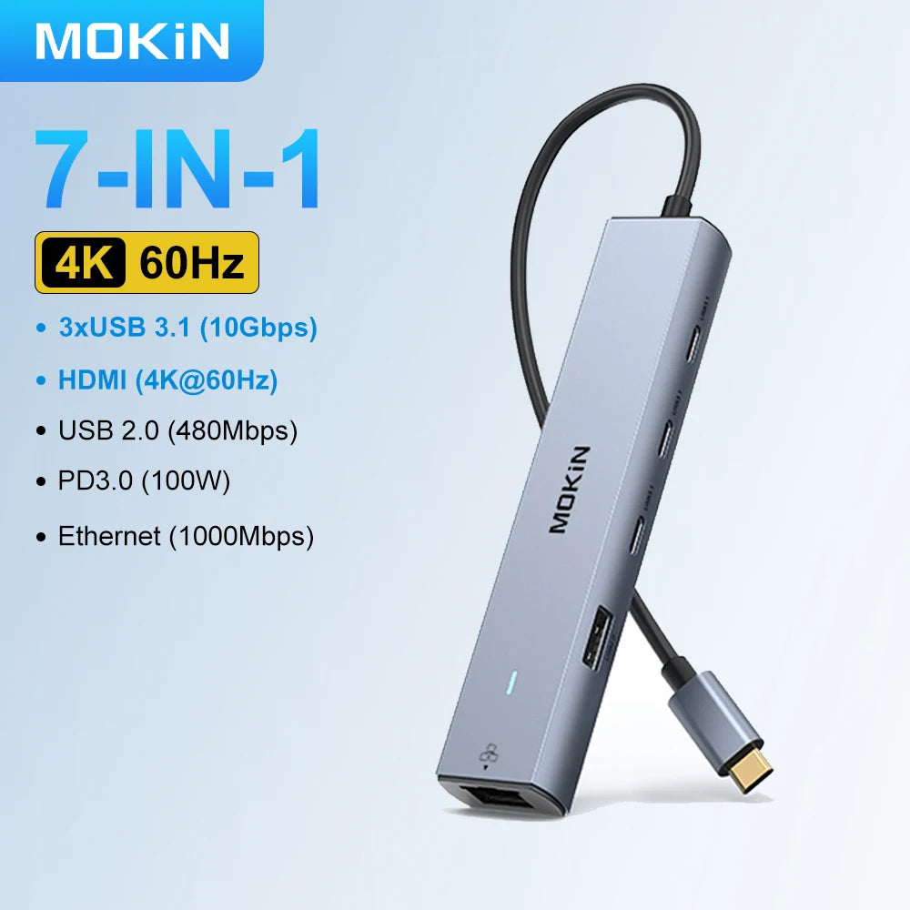 MOKiN 7 in 1 USB C Hub to 4K60Hz HDMI 100W PD 10Gbps USB 3.1 1000Mbps Ethernet Multi Port Hub Adapter for Macbook Pro/Air Laptop