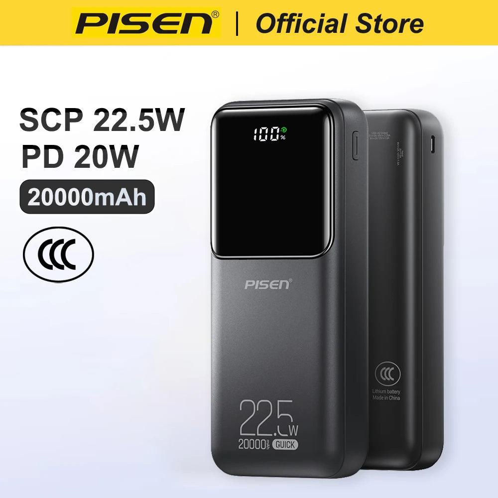 PISEN 20000mAh PD 20W Quick Power Bank SCP 22.5W Portable CCC Powerbank Fast Charging External Battery For Huawei iPhone Xiaomi