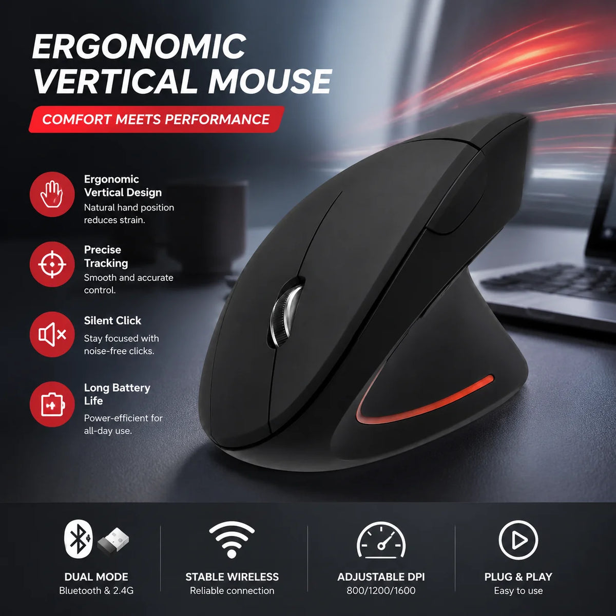 Vertical Wireless Ergonomic Mouse,Dual-Mode Bluetooth/2.4G Rechargeable Silent Optical RGB Gaming Mice For PC Laptop Desktop
