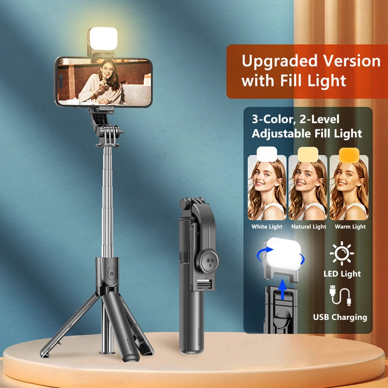 Selfie Stick Tripod with Detachable Bluetooth Remote, 360° Rotation,Extendable Pole, Fill Light Option, for iPhone Android Phone