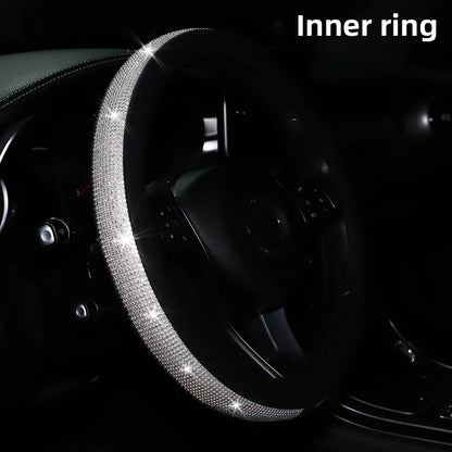 Women's PU Leather Car Interior Wheel Cover with Flashing Mesh Rhinestones for 14.5-15 Inch Car Accessories