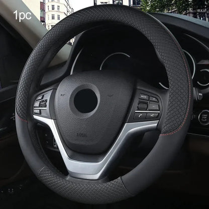 Perforated Nappa Leather Car Steering Wheel Cover Warm in Winter and Cool in Summer, Universal 15 Inch, Anti-Slip, Odorless