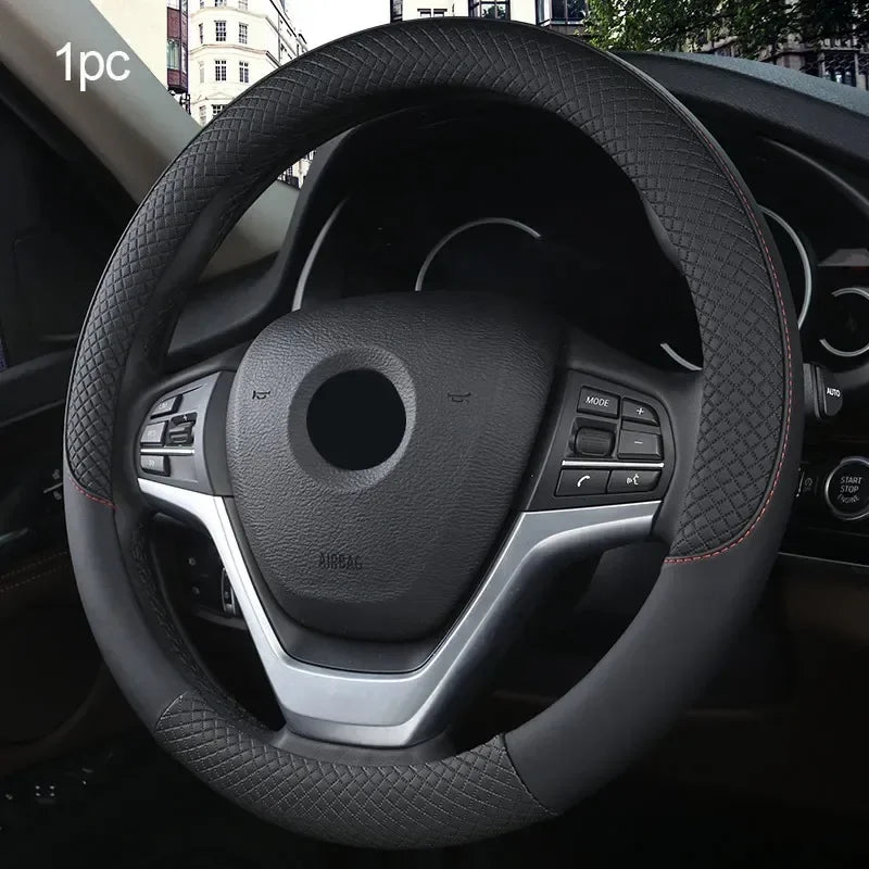 Perforated Nappa Leather Car Steering Wheel Cover Warm in Winter and Cool in Summer, Universal 15 Inch, Anti-Slip, Odorless