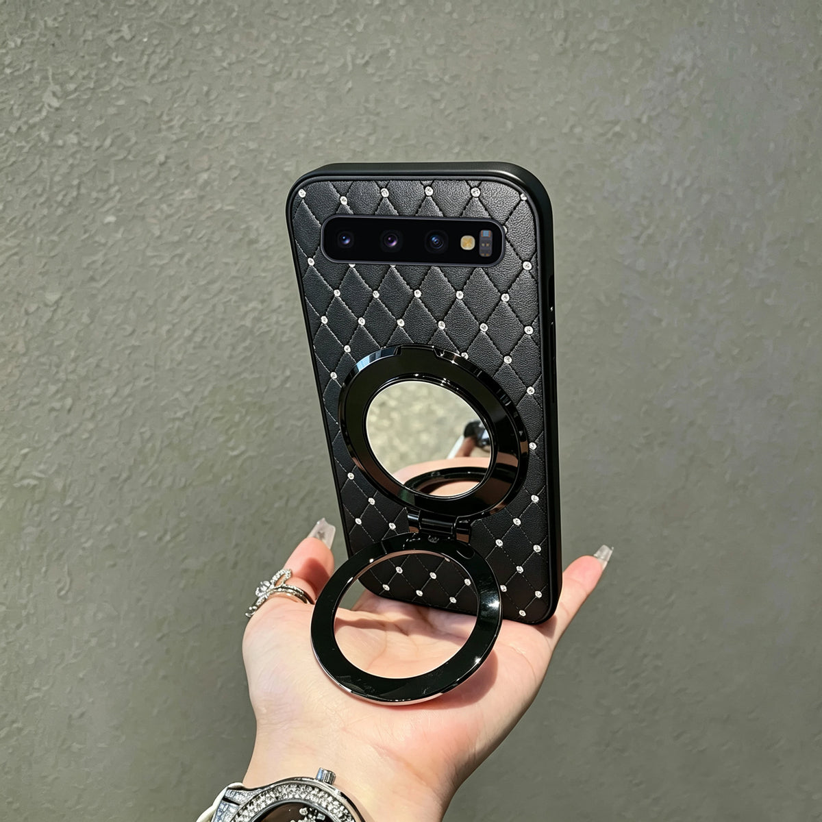 Rhombus Grid Leather Phone Case Makeup Mirror Magnetic Ring for Samsung Galaxy S10 Galaxy S10 5G Galaxy S10+ Galaxy S10 Lite