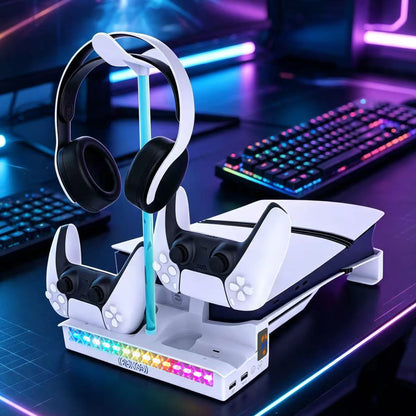 Horizontal Cooling Stand for PS5 Slim/Pro Disc Edition & Digital Edition RGB Light Controller Charger Dock Headset Holder