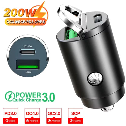 200W mini car charger fast charging for iPhone QC3.0 mini PD USB Type C car mobile phone charger for Xiaomi Samsung Huawei