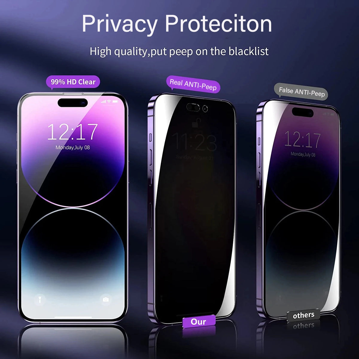 [3 Anti-Spy Glass +3 Lens Caps] Purple Ray Privacy Screen Protector For iPhone 17 16 15 14 Plus 13 12 Mini 11 Pro Max 16e Film