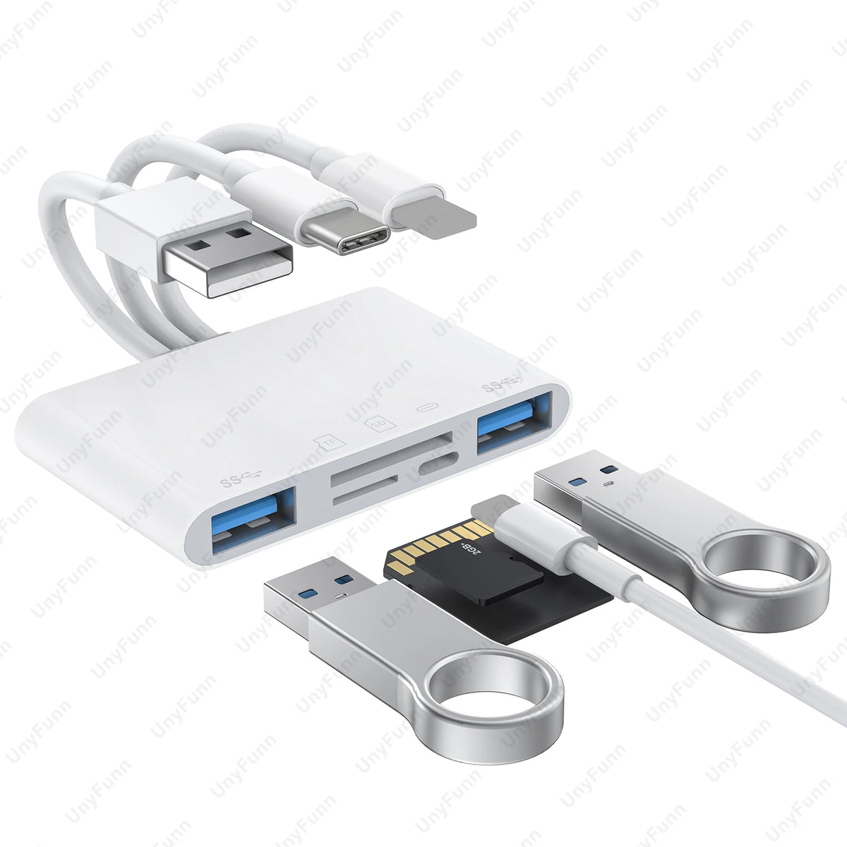 8-in-1 Memory Card Reader for iPhone iPad USB C USB A to 3.5mm Music Hub OTG Universal Adapter Support TF Micro SD SDHC SDXC MMC