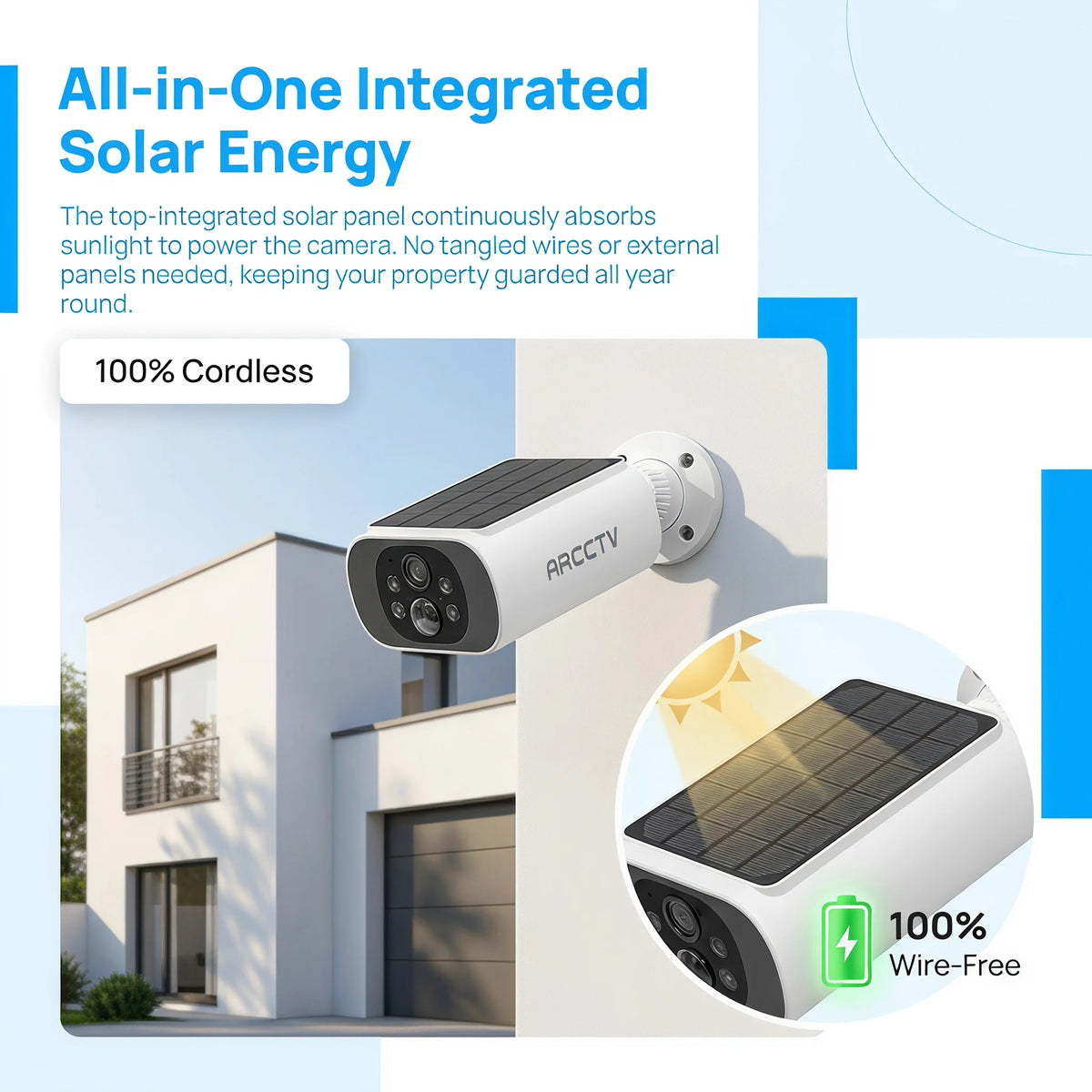ARCCTV 2K Wireless Solar Camera Outdoor Surveillance Integrated Battery Wifi Camera Humanoid Detection Flash Alarm Night Vision