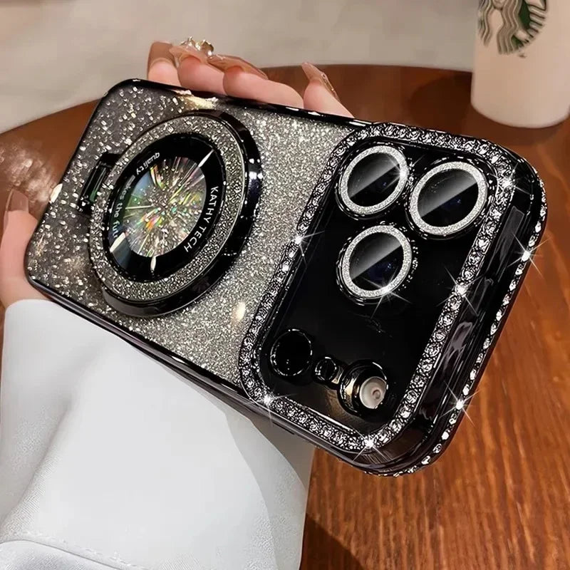 Transparent Diamond Glitter Magnetic Phone Case with Coating，Applicable iPhone 17 16 13 14 15 Pro Max Lens protection bracket ba