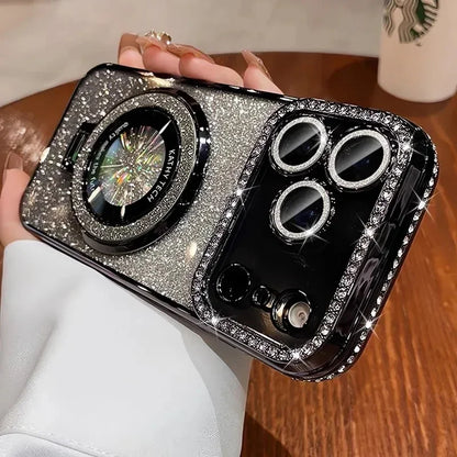 Transparent Diamond Glitter Magnetic Phone Case with Coating，Applicable iPhone 17 16 13 14 15 Pro Max Lens protection bracket ba