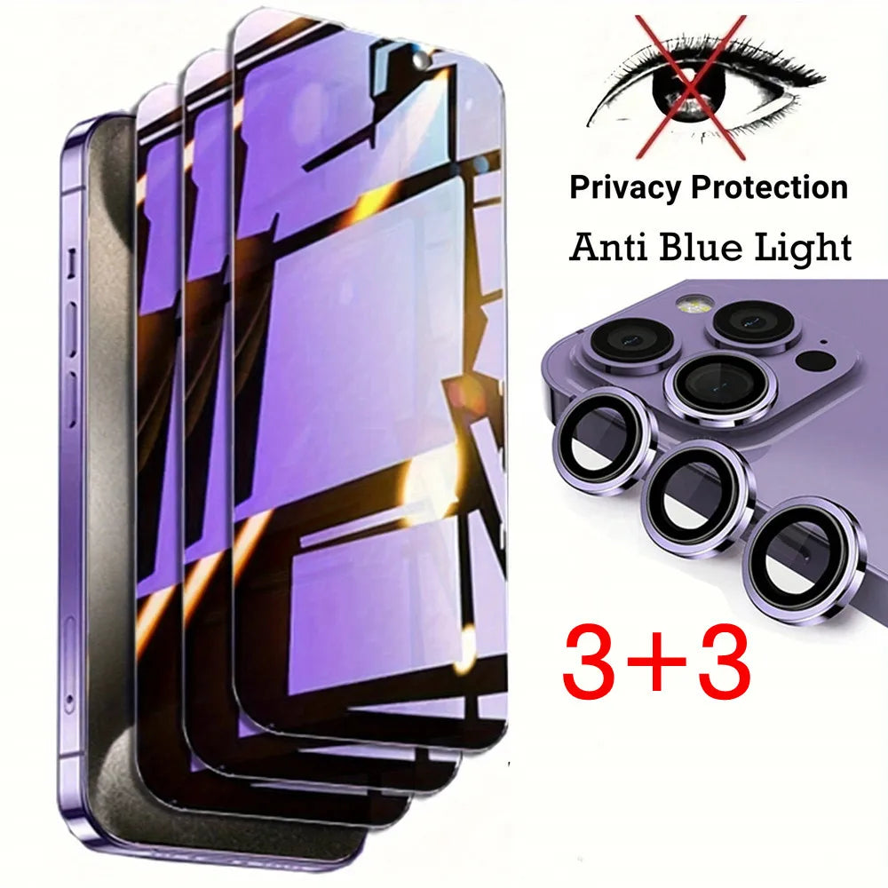 [3 Anti-Spy Glass +3 Lens Caps] Purple Ray Privacy Screen Protector For iPhone 17 16 15 14 Plus 13 12 Mini 11 Pro Max 16e Film