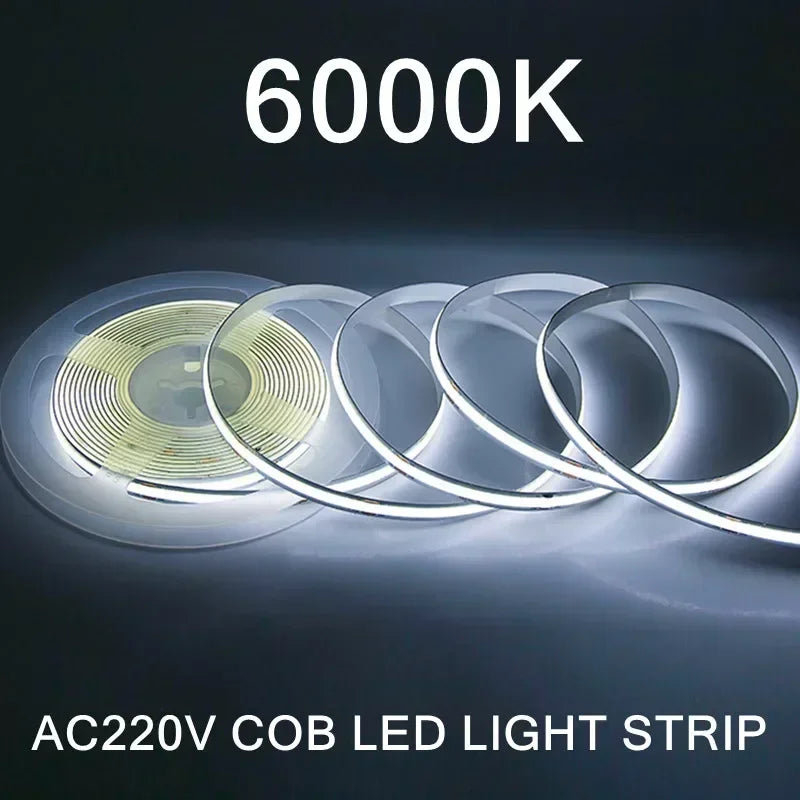 AC220V COB LED Strip Light Flexible Tape Lights Smart IC No Need Driver High Bright 240 LEDs Linear Lighting RA95 Warm White 5m