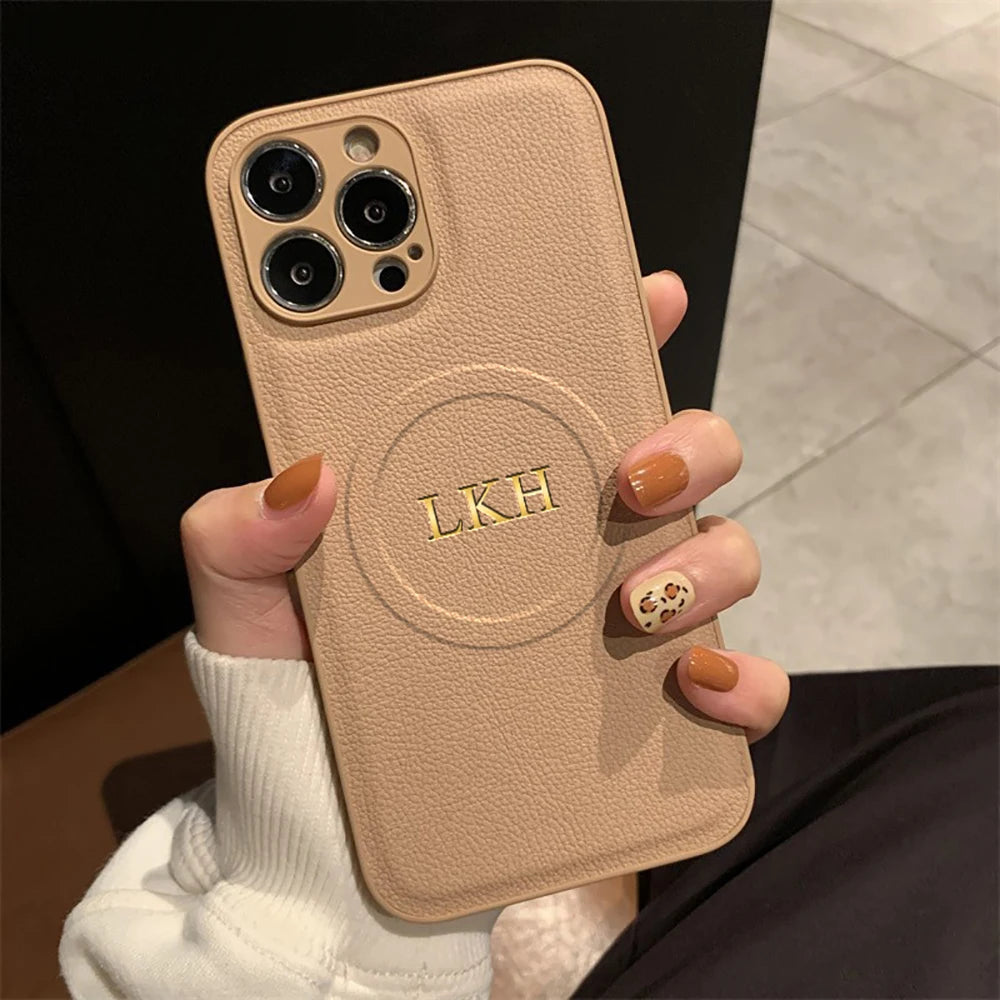 Personalized Case For iPhone11 12 13 14 15 16 17 18 Pro Max Customized Initials Name Wireless Charging For Magsafe Leather Cover