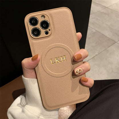 Personalized Case For iPhone11 12 13 14 15 16 17 18 Pro Max Customized Initials Name Wireless Charging For Magsafe Leather Cover