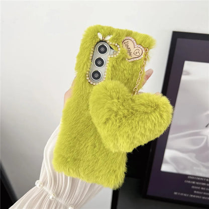 For Samsung Galaxy Z Fold 5 Case Korea Cute Fluffy Plush Love Pendant Phone Case For Galaxy Z Fold6 Cover Z Fold3 Z Fold2 Fold5