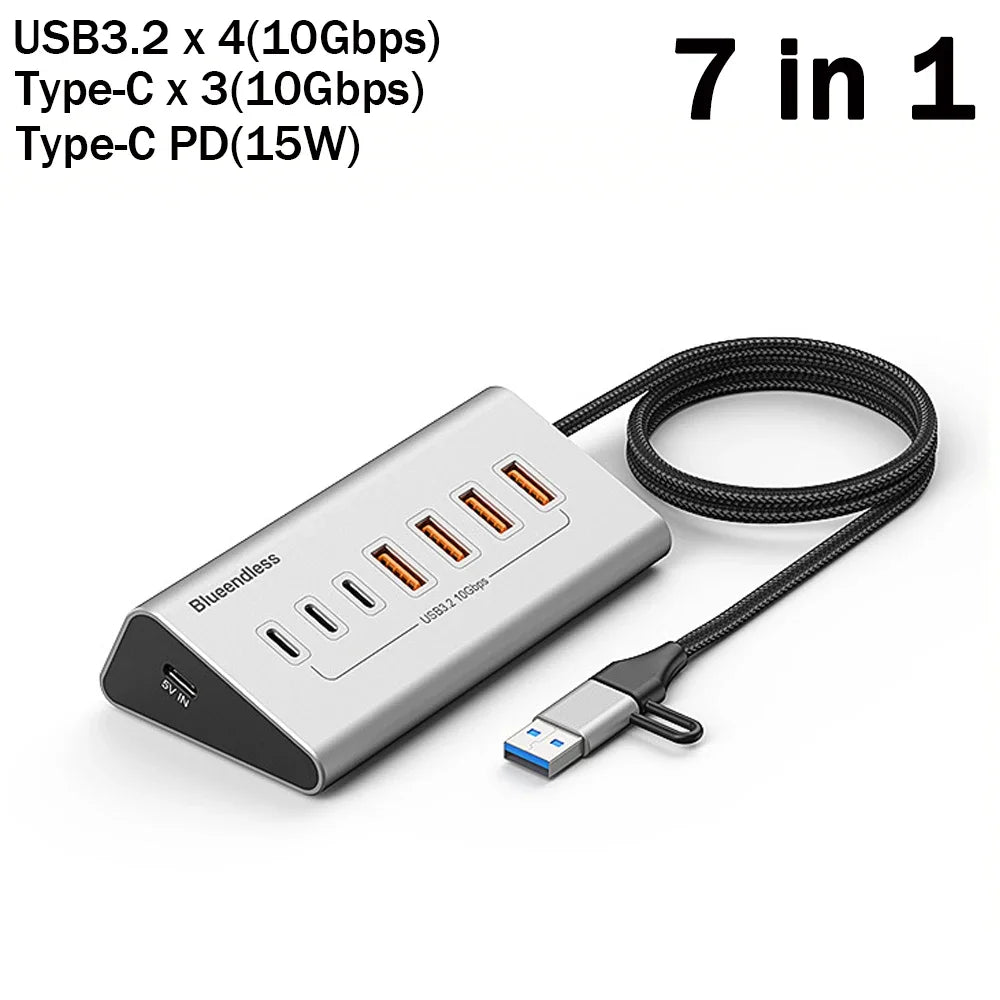 KEBIDUMEI 10Gbps 7 In 1 Docking Station USB 3.2 GEN 2 HUB Data Transfer Adapter USB Splitter Computer Accessories For PC Laptop