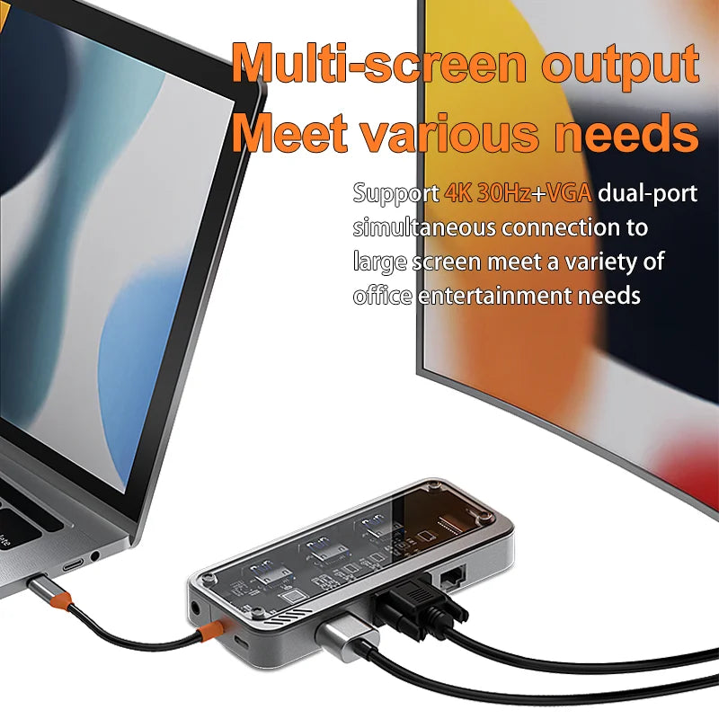 Basix USB C HUB 10 in 1 Adapter with 4K HDTV 100W PD USB 3.0 5Gbps SD Docking Station for IPhone15 16Pro MacBook Air Accessories
