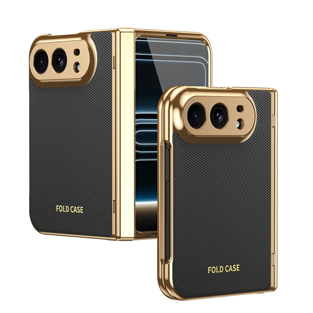 KEYSION Luxuxy PU Leather Fold Phone Case for iPhone Duo Plating Hard PC Shockproof Back Cover With Hinge+HD Screen Protector