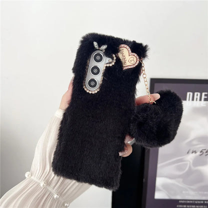 For Samsung Galaxy Z Fold 5 Case Korea Cute Fluffy Plush Love Pendant Phone Case For Galaxy Z Fold6 Cover Z Fold3 Z Fold2 Fold5