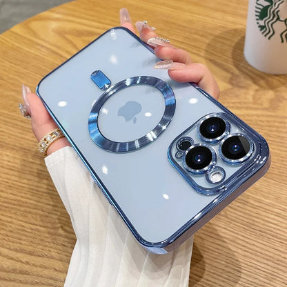 Magnetic Plating Case For iPhone 15 16 14 17 13 12 18 Pro Max Air Camera Lens Protector Glass For Magsafe Wireless Charger Cover