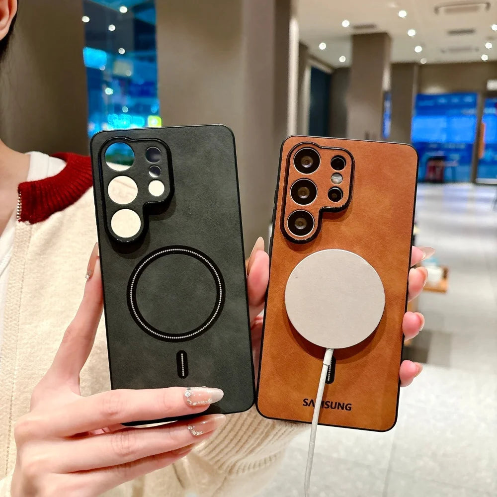 Lambskin Leather for Magsafe Shockproof Case Samsung S25 S24 S26 Ultra S22 S23 Plus S21 FE Sheepskin Camera Protector Soft Cover