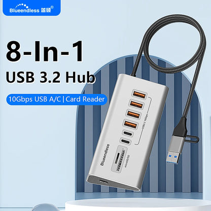Blueendless Aluminium USB3.2 Gen2 10Gbps HUB with TF/SD Card Reader USB-C/USB A Hub 5-In-1 8 in 1 for PC Computer Laptop macbook
