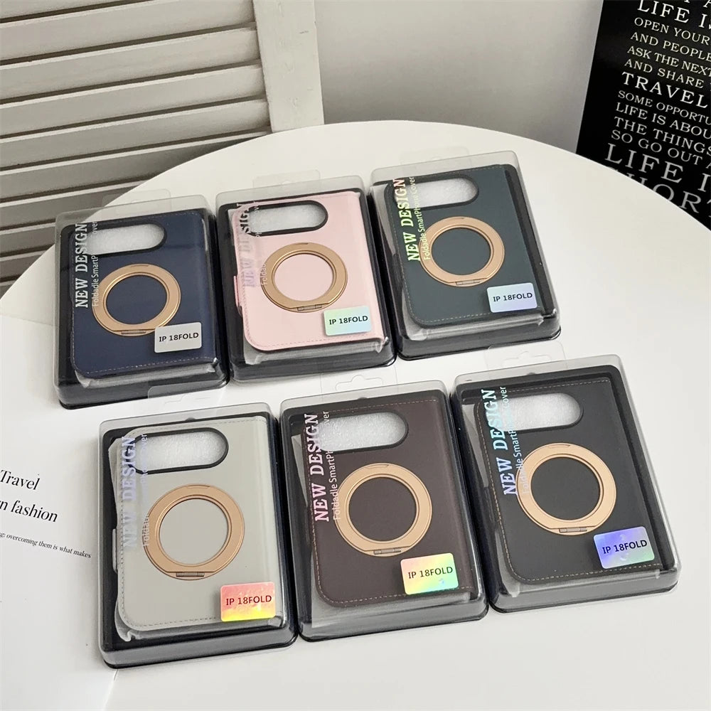 Invisible Support Bracket Card Holder Bag Phone Case For iPhone Duo 18 Fold 360 Degree Rotating Bracket Leather Wallet Cover