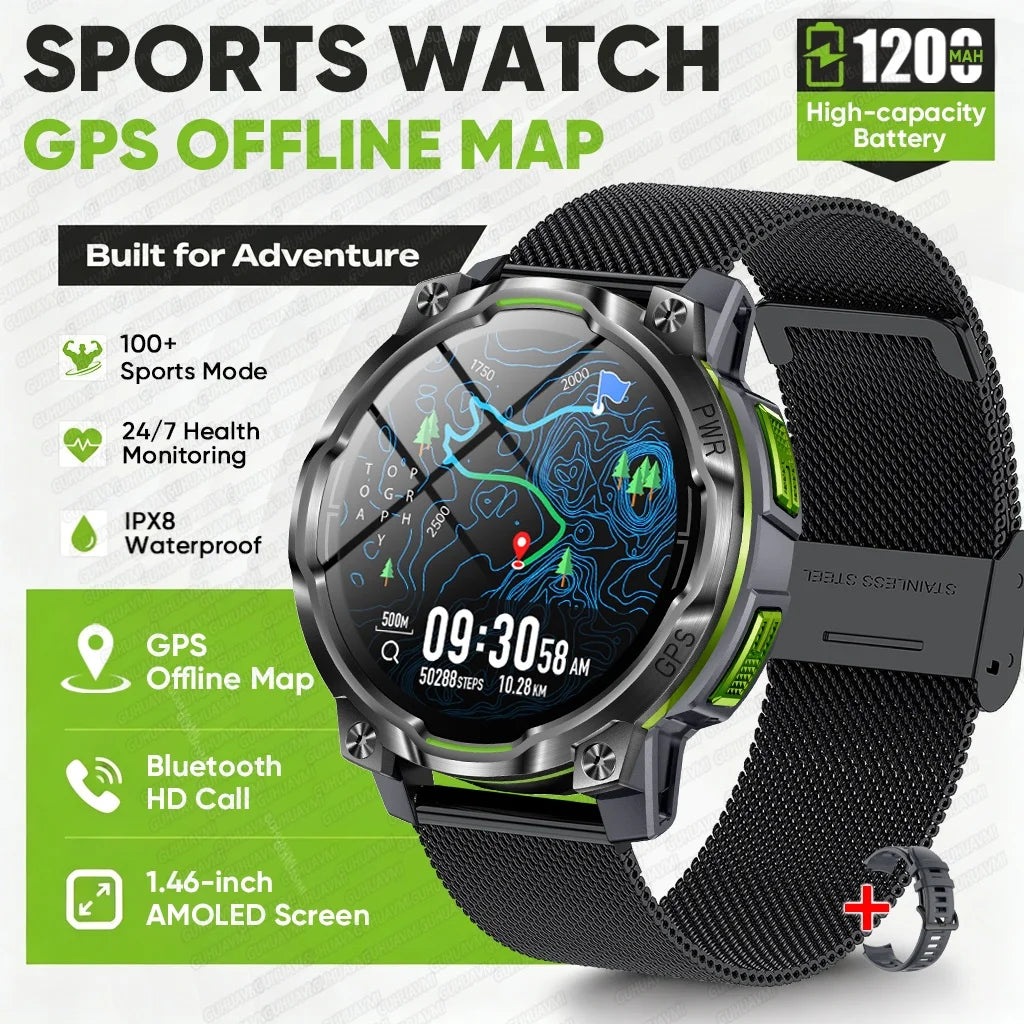 1200mAh Massive Power Outdoor GPS Smart Watch Offline Map 1.43“ HD Screen IPX8 Waterproof Compass Military 107+Sports Watch Men