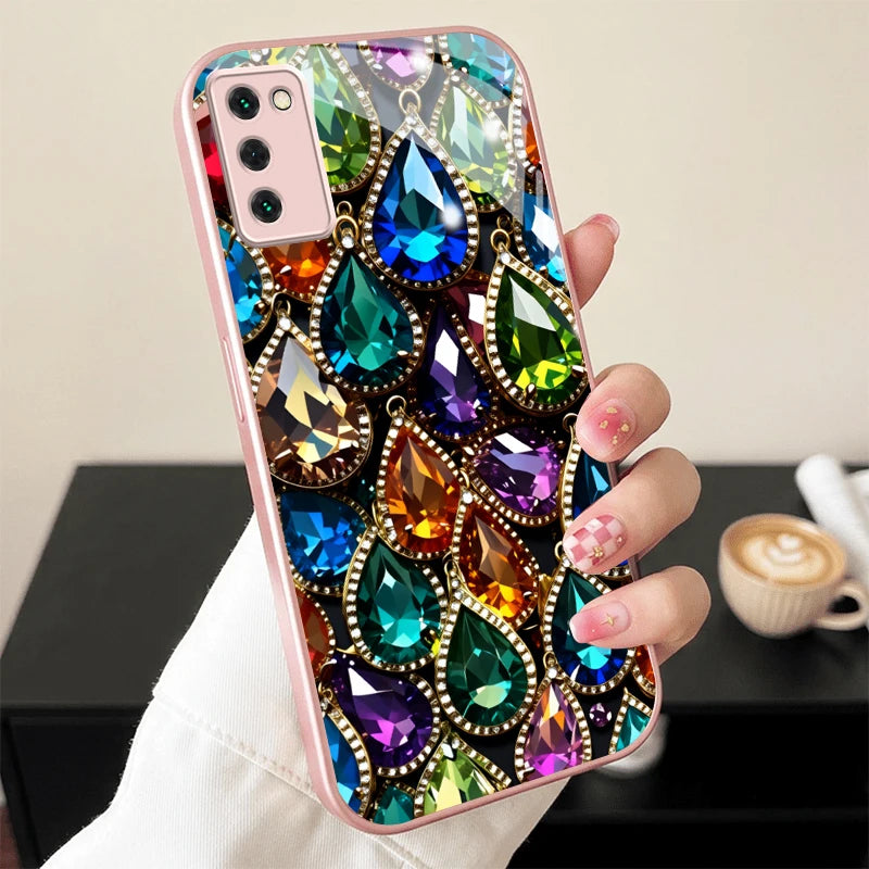 Colorful Teardrop Gem Pink Metallic Glass Phone Case For Samsung Galaxy S26 S25 S24 S23 Ultra Plus FE S8 S9 S10 Note8 9 10 Cover