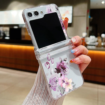 Flowers Pattern Clear Case For Samsung Galaxy Z Flip 8 7 FE 6 5 4 3 5G Folding Hard Phone Cover For Samsung Z Flip8 Flip6 Flip7