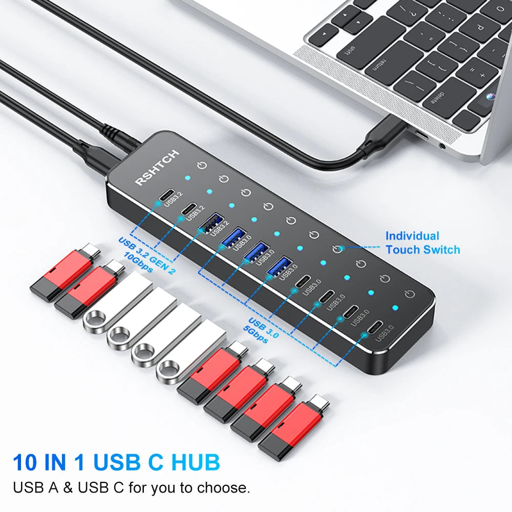 RSHTECH 10 in 1 USB C Hub 10Gbps USB-C with Individual Touch Switches Multiport Splitter Docking Station for MacBook Laptops PC