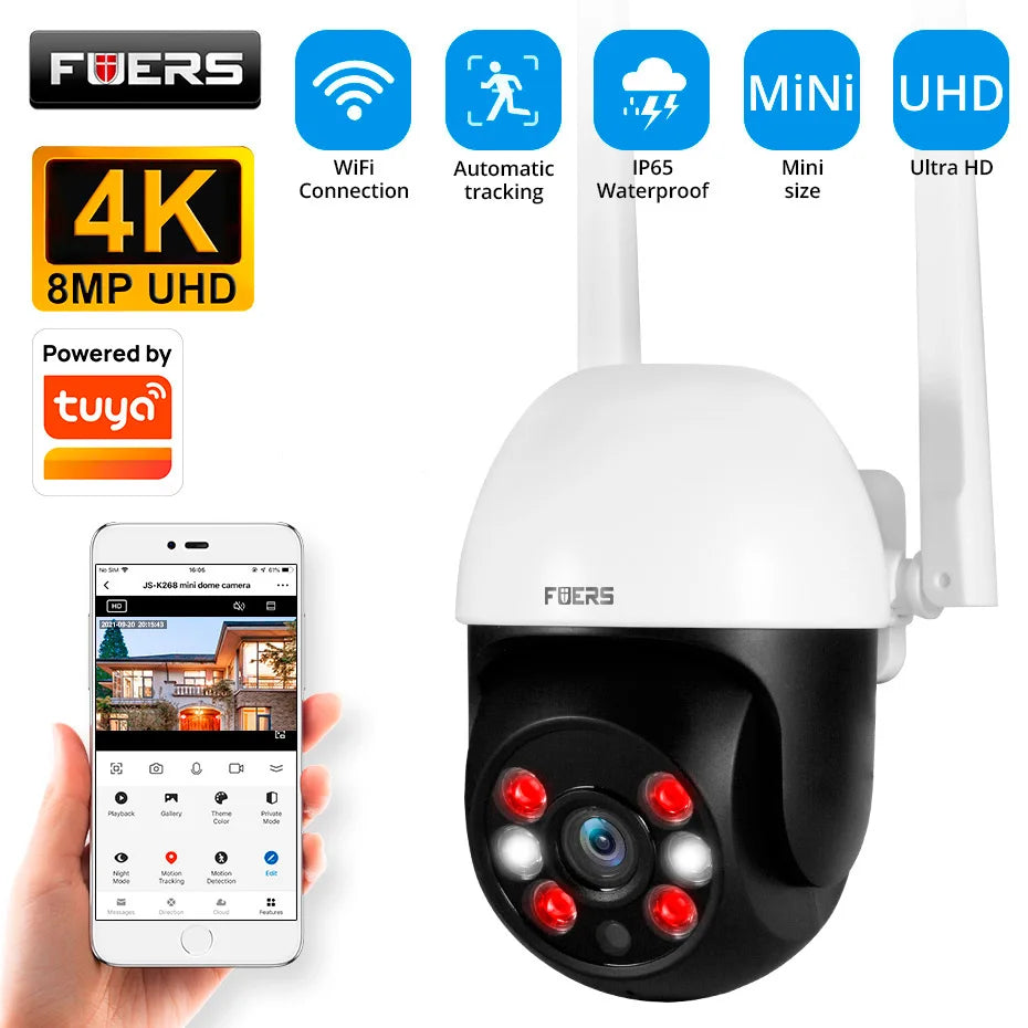 Fuers 8MP 4K IP Camera Outdoor Home Security Auto Tracking AI Human Detection WIFI CCTV Surveillance Camera Work With Tuya Smart