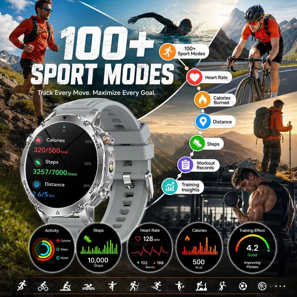 NEW Military 1400mAh Battery SmartWatch Men Outdoor LED Flashlight IP68 Waterproof Heart Rate SOS Bluetooth Call Sports Bracelet