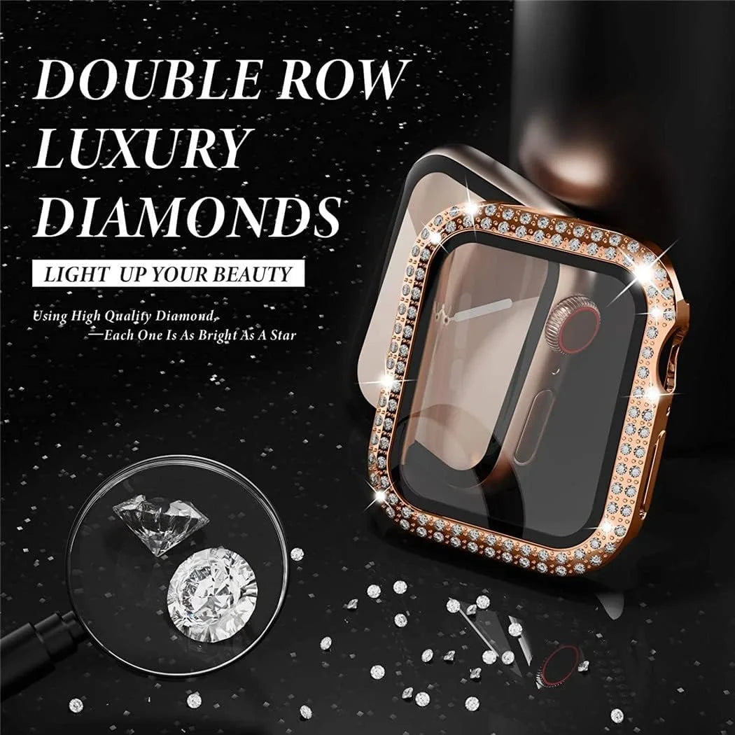 Glass+Cover For Apple Watch Case 45mm 44mm 41mm 40mm 46mm 42mm Bling Diamond bumper+Screen Protector series 12 11 10 9 8 7 6 SE