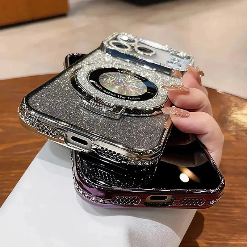 Transparent Diamond Glitter Magnetic Phone Case with Coating，Applicable iPhone 17 16 13 14 15 Pro Max Lens protection bracket ba