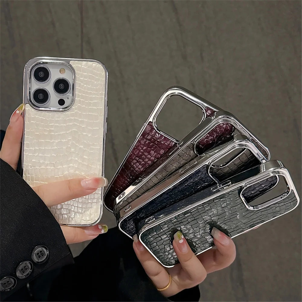 Luxury Glossy Crocodile Pattern Case For iPhone 17 Air 16 15 14 13 12 11 Pro Max Plus Plating Cool Armor Shockproof Bright Cover
