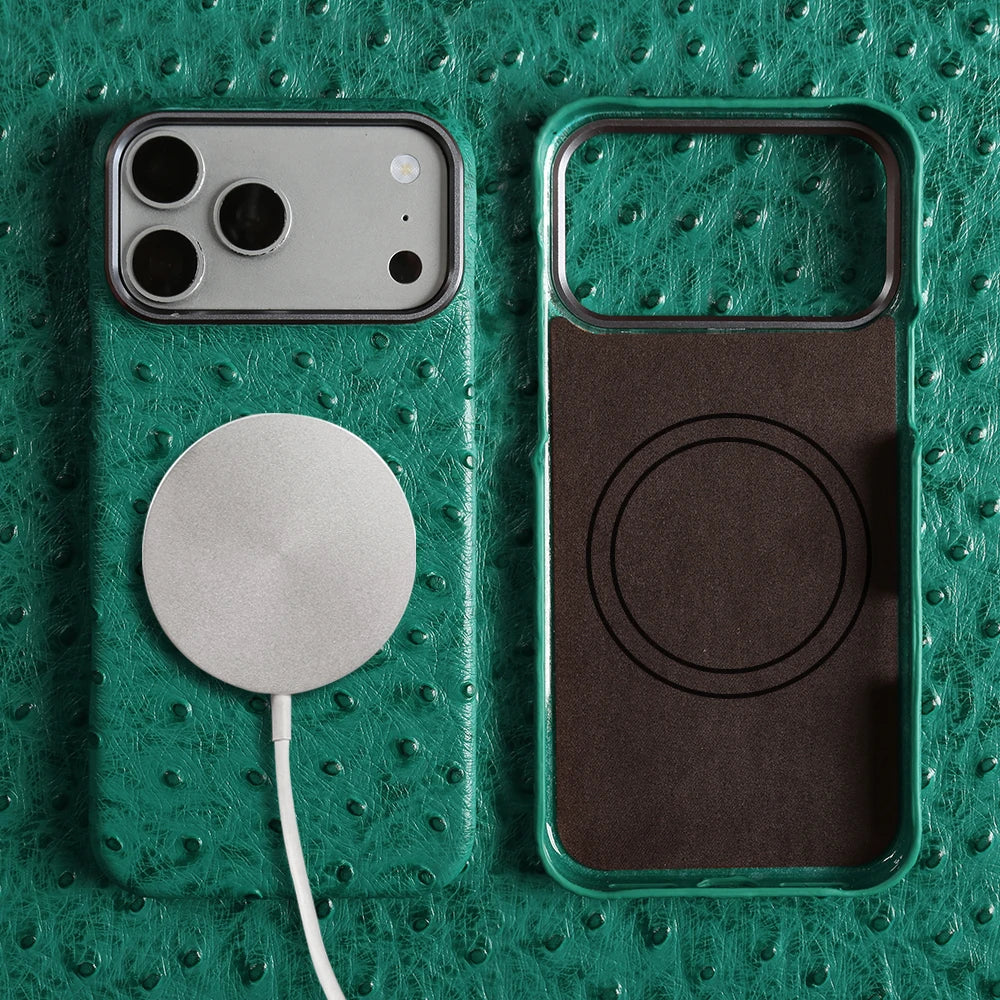 For Magsafe Ostrich Genuine Leather Case For iphone 17 Air 16 15 14 13 Pro Max Back Cover Cases 17Pro 16Pro 15Pro Max Coque Capa