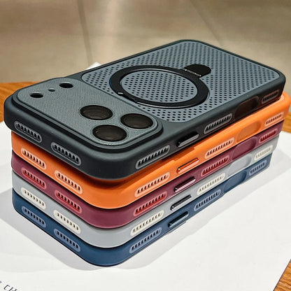 Luxury Heat Dissipation Cooling Mesh Hole Case for iPhone 17 16 15 14 Plus 13 12 Pro Max For Magsafe Stand Holder Armor Cover