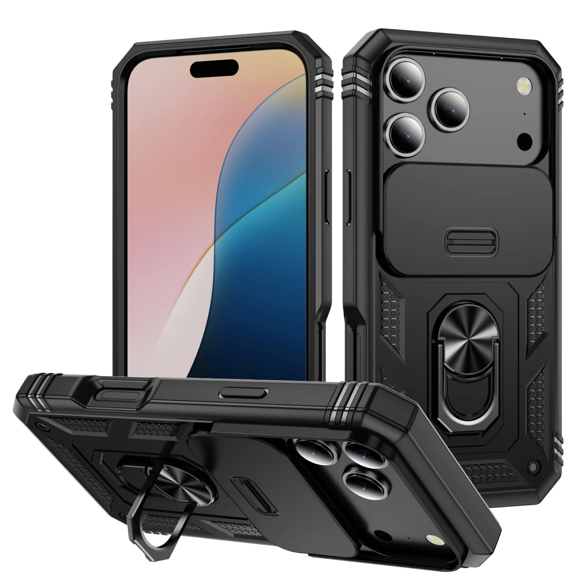 For iPhone 18 Pro Max 17 Air 16e 17 Pro Max 16 14 13 12 Slide Camera Case Heavy Duty Build in 360 Degree Rotate Kickstand Cover