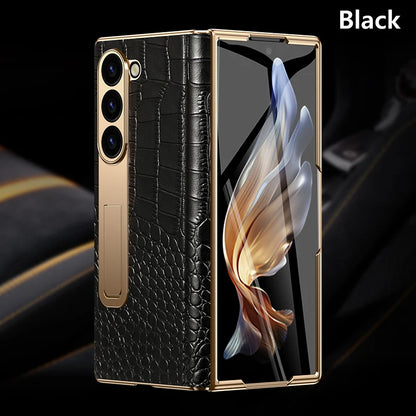 LANGSIDI Leather Case for Samsung Galaxy Z Fold 7 6 5 4 3 Fold6 Fold7 Gold Plating Magnetic Hinge Stand Cover with Mirror Film