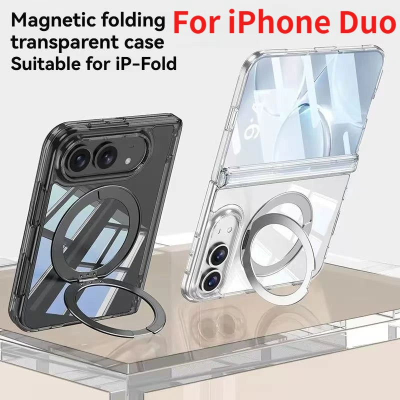 For iPhone Duo Fold Transparent Stand Phone Case with Magnetic Hinge Protection Compatible Film Integrated Design